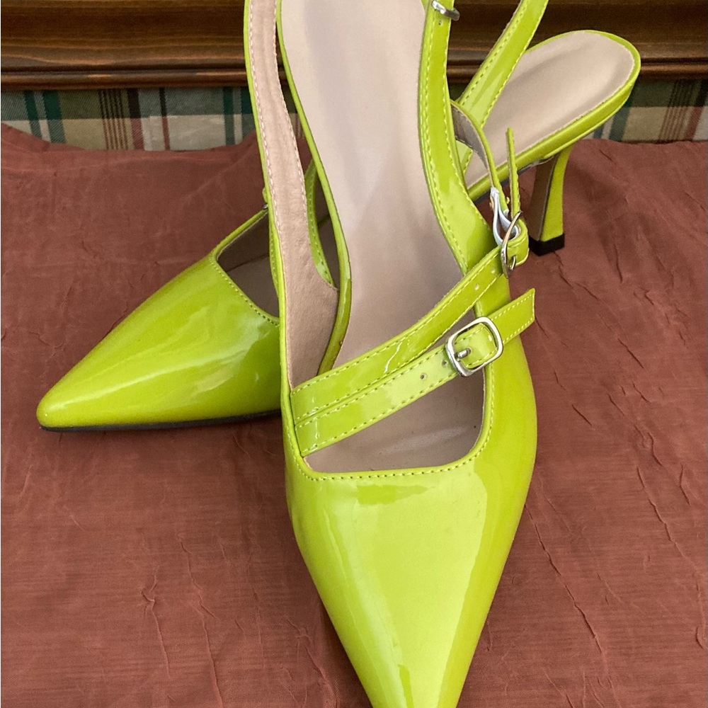 Patent Lime Green Pointed-Toe Slingback Heels with Buckle Strap